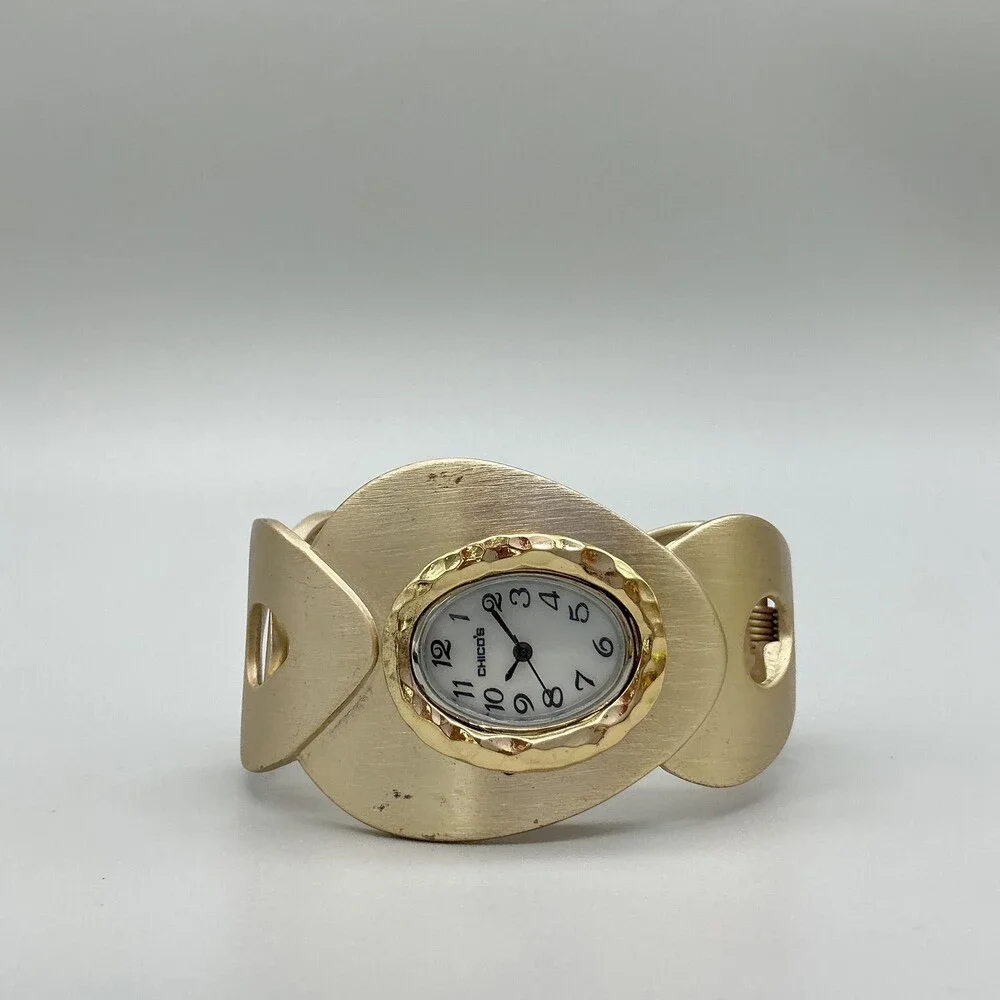 Chico's Womens Watch 39mm Oval White Dial Gold Tone Bangle Cuff New Battery